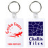 A rectangular keytag featuring a red gecko design on one side and a blue tile design on the other, with metal keyring.