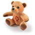 A plush teddy bear with a soft, tan exterior and dark brown accents, featuring a printed logo on its belly.