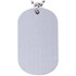 A silver dog tag on a metal ball chain, featuring a smooth, brushed surface and rounded edges.