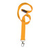 A bright yellow woven lanyard with a clip at the end for attaching items.