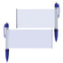 A blue plastic pen with a clear banner for personalization, featuring a back clip for easy attachment.
