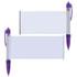 A plastic pen featuring a transparent banner area, with a purple grip and clip. It includes a logo.