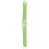 A green pedometer bracelet with a digital display for tracking steps and time, featuring a simple design.