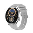 A smart watch with a round face and grey strap, featuring a decorative watch dial and a logo.