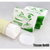 A pack of white tissue refills is displayed, featuring a simple design and multiple layers, with a container beside it.