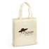 A natural look tote bag in a cream colour with a logo featuring a stylish design and black handles.