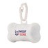 A bone-shaped dog waste bag dispenser in white with speckles, featuring a logo and a clip for attachment.
