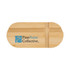A bamboo phone stand in an oval shape with a blue logo on the surface.
