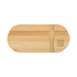 A bamboo phone stand in a light natural colour with a carved logo and multiple slots for device placement.
