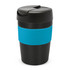 A drink bottle in black with a turquoise sleeve, featuring a black lid and a stylish design.