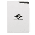 A white A5 notebook featuring a logo on the cover and a black design element.