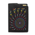 A black A5 notebook featuring a vibrant, multicoloured spiral design and a pocket on the side.