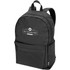 A black laptop backpack with a front pocket and branding logo displayed on the front.