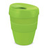 A drink bottle in vibrant green with a lid, featuring a sleek design and a logo. Ideal for on-the-go use.