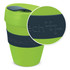 A drink bottle in bright green with a navy silicone band and a matching lid, featuring a logo.