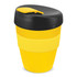 A drink bottle with a black lid and yellow body, featuring a silicone band and a logo.