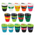 A collection of reusable coffee cups in various colours, featuring different designs and a lid with a logo.
