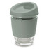 A drink bottle with a light green silicone sleeve and lid, featuring a clear glass base.