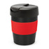 A drink bottle with a black body, red silicone band, and a black lid. It has a logo on the surface.