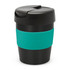 A drink bottle with a black body and a teal silicone band, featuring a black lid. It has a branding logo.