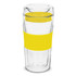 A double wall glass cup with a clear body and a bright yellow silicone grip and lid. It features a logo.