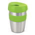 A drink bottle featuring a stainless steel body and a vibrant green silicone band and lid.