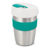 A drink bottle featuring a stainless steel body, teal silicone band, and a white lid with a single spout.