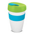 A drink bottle in white with a bright green lid and blue silicone band, featuring a logo.