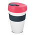 A drink bottle featuring a white body, a dark blue band, and a bright pink lid, complete with a logo.