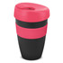 A drink bottle featuring a sleek black body with a pink lid and band, designed for convenience and style.