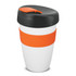 A drink bottle featuring a white body, orange silicone band, and a black lid. It has a logo on the front.