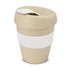 A drink bottle in a natural beige colour with a white band and lid, featuring a logo.