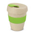 A drink bottle with a natural beige finish, green silicone band, and matching lid, featuring a logo.