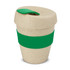 A drink bottle in a natural beige colour with a green band and lid, featuring a logo.