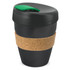 A reusable coffee cup in black with a cork band and a green lid, featuring a logo.