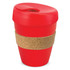 A drink bottle with a red plastic body and a cork band. It features a spill-resistant lid for convenience.
