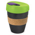 A drink bottle featuring a green lid, black body, and a cork band for grip. It has a logo on the surface.