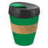 A drink bottle featuring a green body, black lid, and a cork band around the midsection. It has a logo on it.