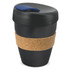A drink bottle with a black body, cork band, and a blue lid, designed for reusable coffee.