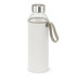 A drink bottle with a transparent glass body and a grey fabric sleeve, featuring a stainless steel lid and carrying strap.