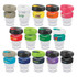 A collection of colourful drink bottles in various designs, featuring transparent bodies and vibrant bands. Some have logos.