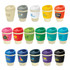 A range of colourful reusable cups, featuring various designs and a natural bamboo base with a branding logo.