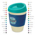 A drink bottle with a teal lid and a cream body, featuring a navy blue band and a logo.