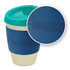 A drink bottle featuring a cream body with a teal lid and a blue silicone grip. It has a logo on the grip.