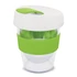 A drink bottle featuring a transparent body, green silicone band, and a white lid with a leaf design.