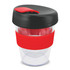 A drink bottle featuring a transparent cup with a red silicone band and a black lid. It has a logo on the side.