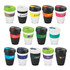 A collection of various double wall drink cups in multiple colours, featuring different logos and designs.