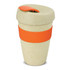 A drink bottle in a natural beige colour with a bright orange band and lid, featuring a logo.
