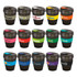 A collection of black drink bottles with various coloured silicone bands and logos. Each bottle holds 350ml.