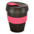 A drink bottle in black with a pink silicone band and lid, featuring a rounded design and a logo.